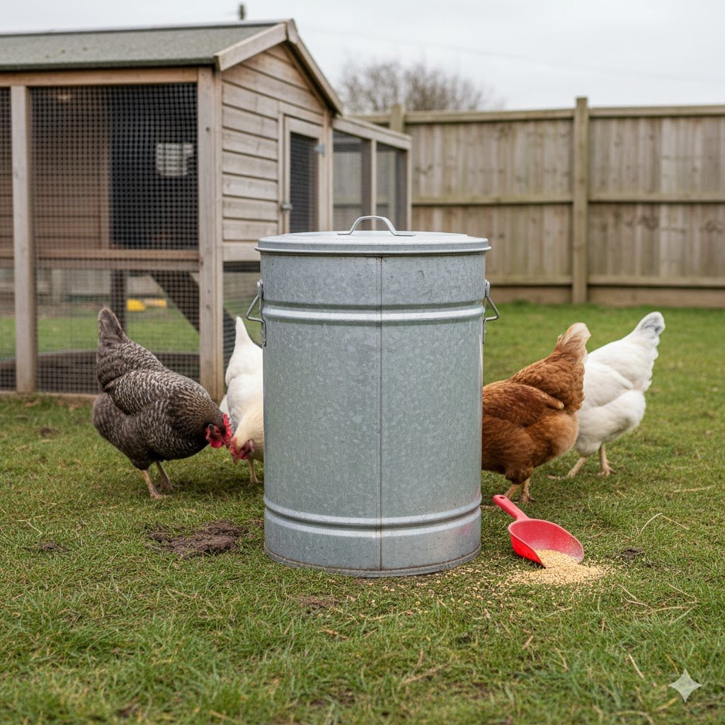 Large galvanized metal feed storage bin with secure lid next to wooden chicken coop, preventing rat access to chicken feed