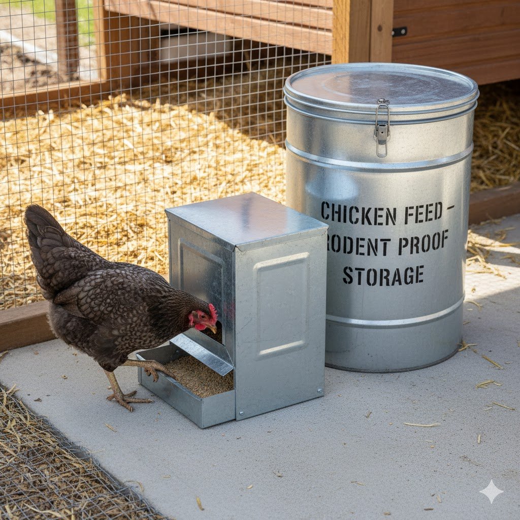 A heavy-duty, metal treadle feeder in action with a chicken eating, and a secure metal bin for storing chicken feed.