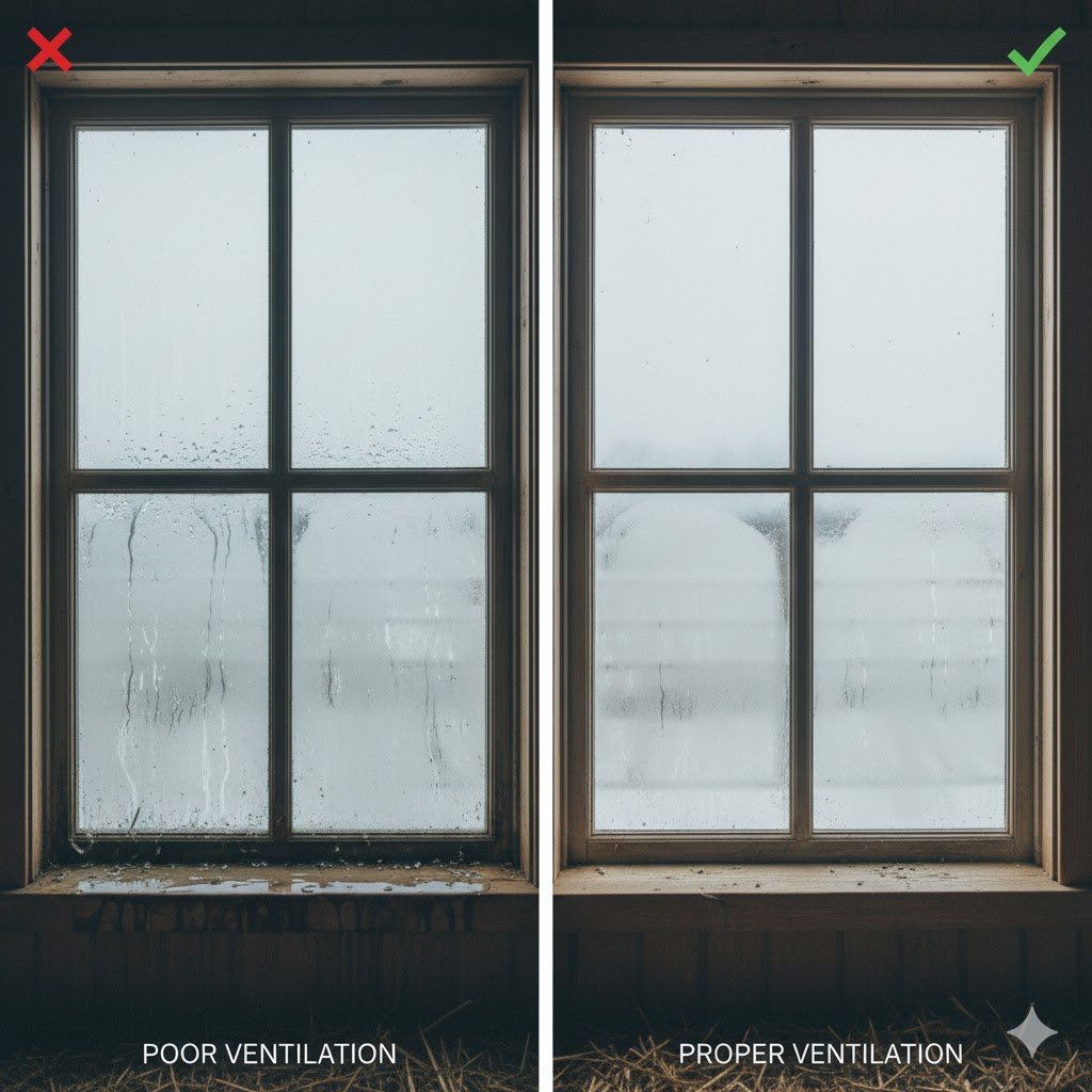 Split comparison image showing chicken coop window with heavy condensation water droplets and foggy glass indicating poor ventilation versus clear dry window showing adequate airflow and moisture control