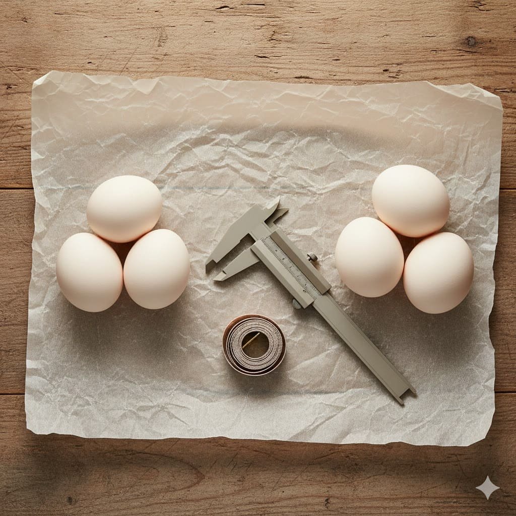 Small cream bantam Silkie eggs beside slightly larger cream large fowl Silkie eggs on parchment with measuring calipers for scale.