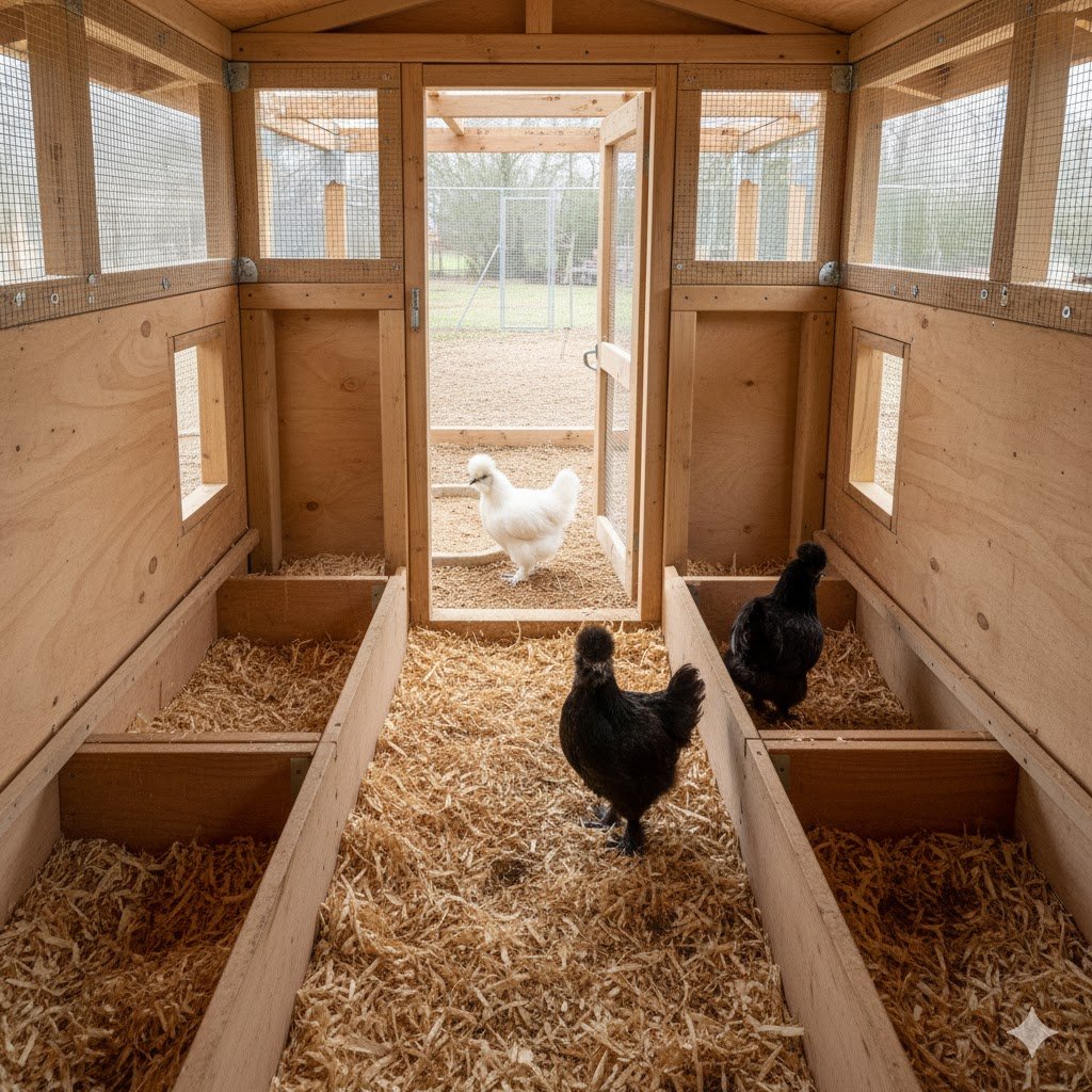 Interior of Silkie coop with ground-level nest boxes, low roosts, deep dry bedding, high vents, covered run, feathered bantam Silkie visible.