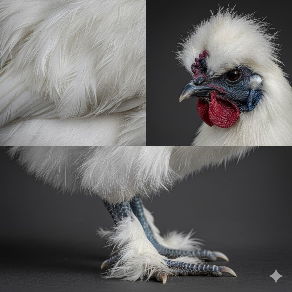 Macro close-up of Silkie feather texture and blue-black skin near face and foot showing five toes and feathered legs.