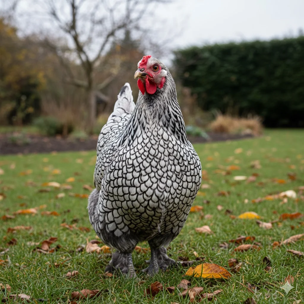 Silver-Laced Wyandotte chicken with distinctive laced feather pattern and rose comb in a winter garden