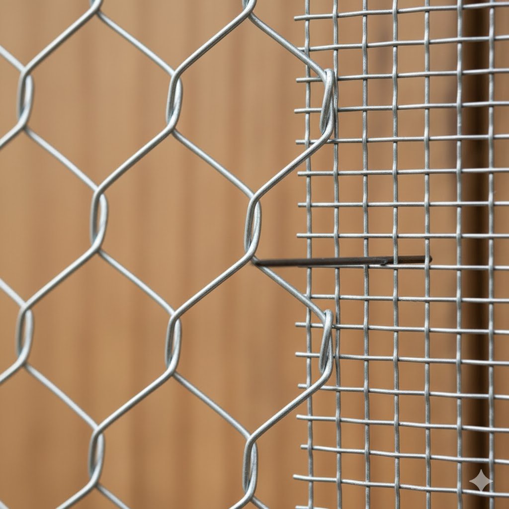 Close-up comparison of ¼ inch hardware cloth and larger chicken wire, demonstrating which mesh prevents snakes from entering a chicken coop.