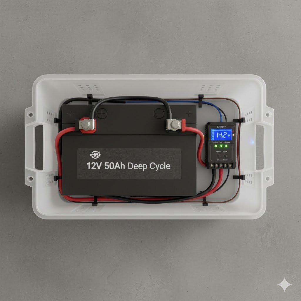 12V 50Ah deep cycle AGM battery connected to 20A MPPT solar charge controller inside ventilated weatherproof plastic battery box with indicator lights