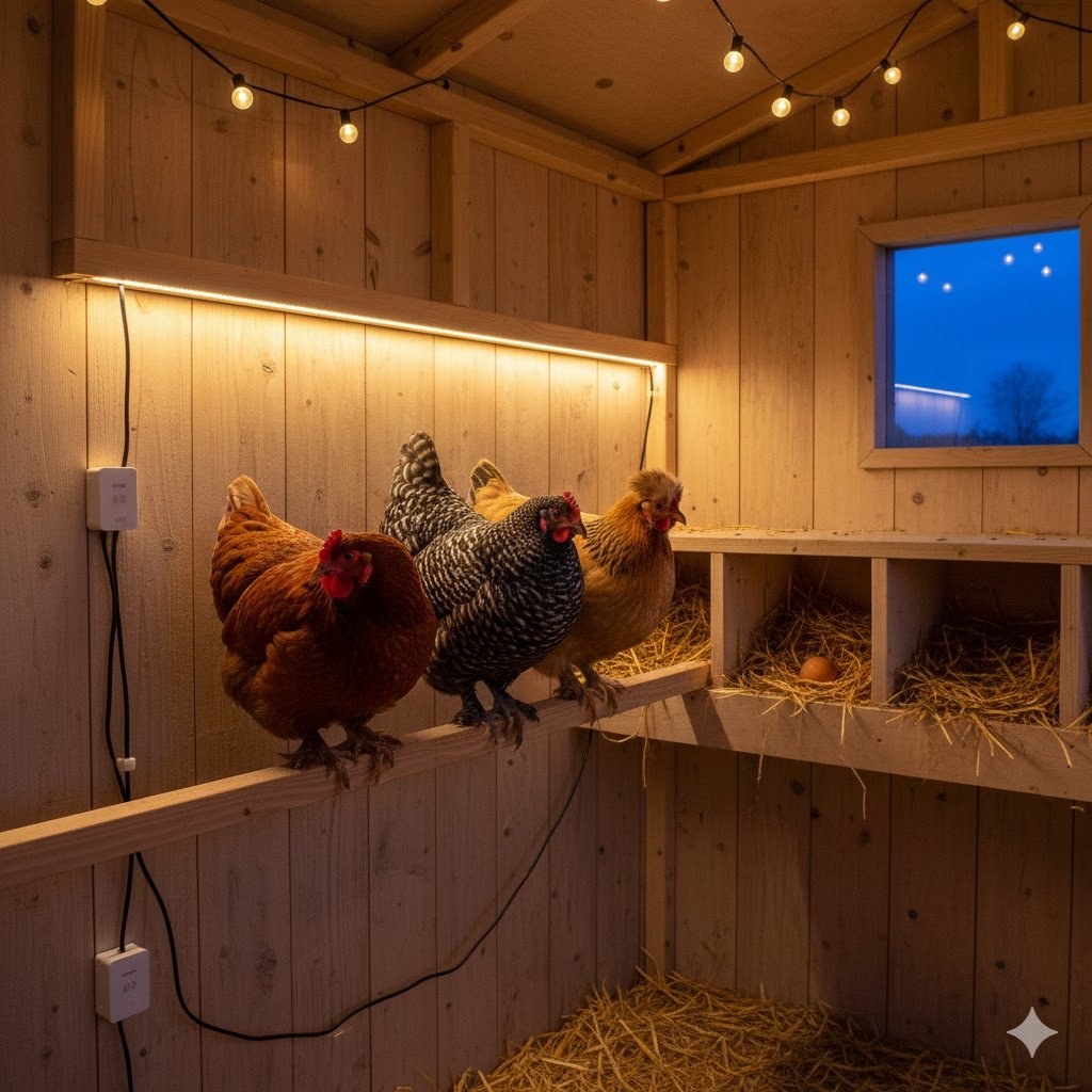 Warm white LED strip lights powered by solar battery system illuminating chicken coop interior at dusk with chickens roosting showing effective off-grid lighting
