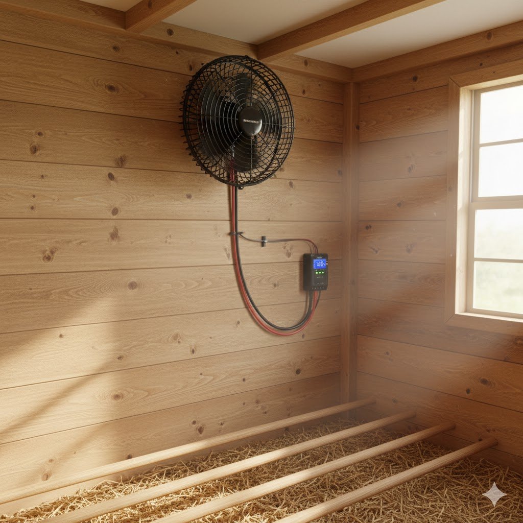 12V DC ventilation fan installed high on chicken coop interior wall creating cross-breeze airflow with protective wire guard and visible wiring to solar charge controller