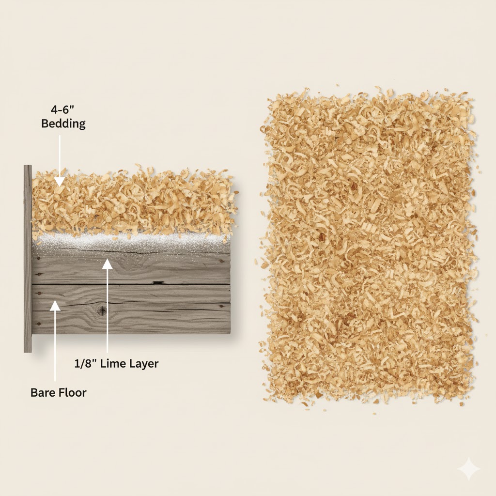 Cross-section diagram showing three layers in chicken coop floor bare wood bottom, thin white lime layer, and deep pine shavings on top