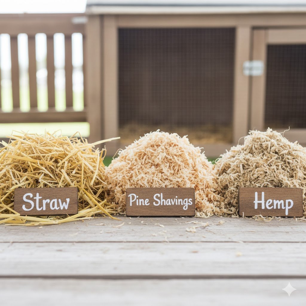 Side by side comparison of chicken bedding types straw sawdust and hemp showing texture and absorbency differences