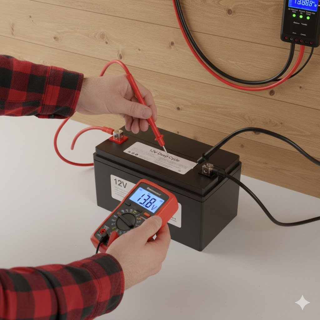 Hands holding red digital multimeter probes on 12V battery terminals showing 13.8V reading indicating proper solar charging system voltage