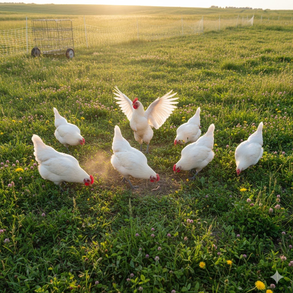 A wide-angle shot of a small flock of white American Bresse chickens actively foraging and scratching in a diverse, green pasture, with a mobile chicken coop in the background.
