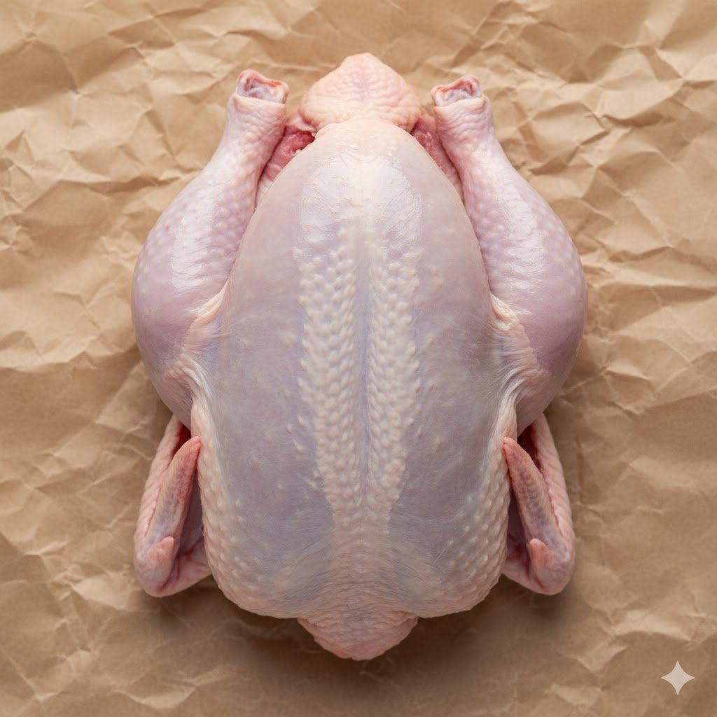 The secret to the Bresse's succulent texture is its genetics, which allow it to develop intramuscular fat. This fine marbling, visible here in the raw meat, melts during cooking, basting the chicken from the inside out.