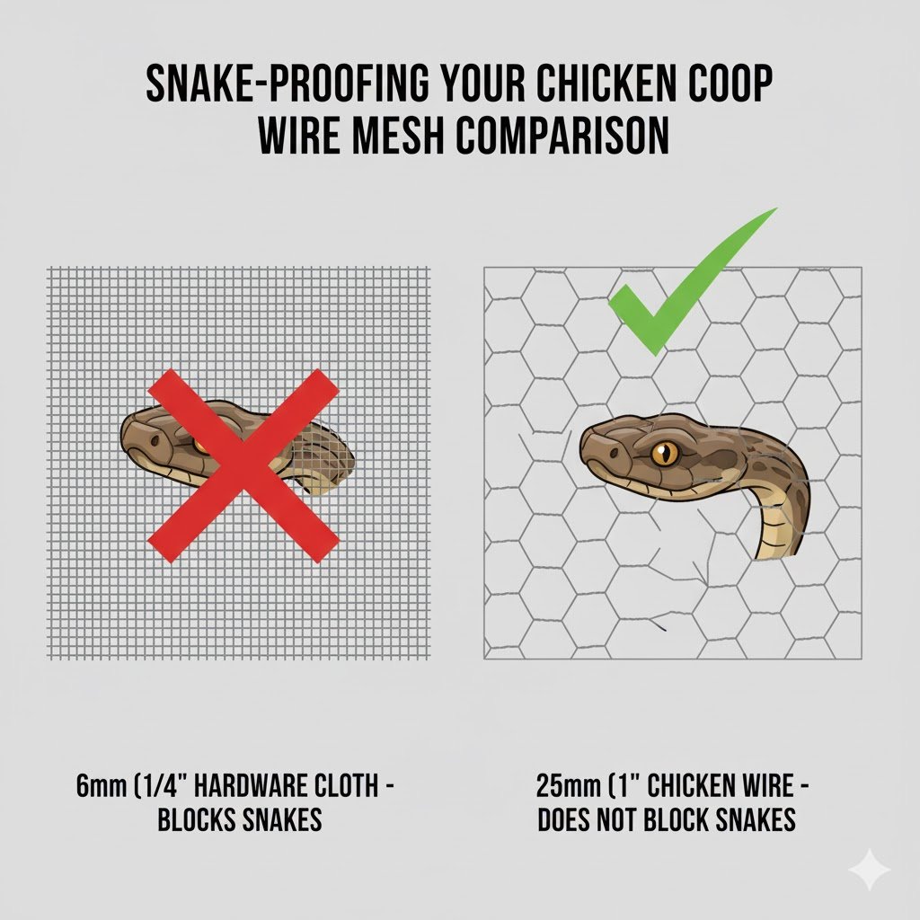 A close-up side-view diagram comparing a snake's head unable to pass through 6mm hardware cloth, while easily passing through larger mesh like chicken wire.