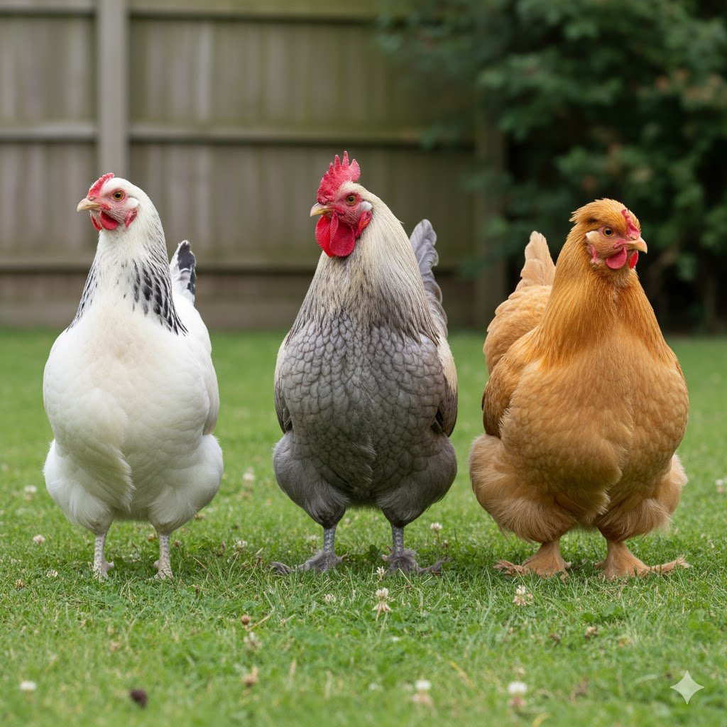 Side-by-side comparison of Light Sussex, Silver Grey Dorking, and Buff Orpington chickens showing relative size and distinctive breed characteristics