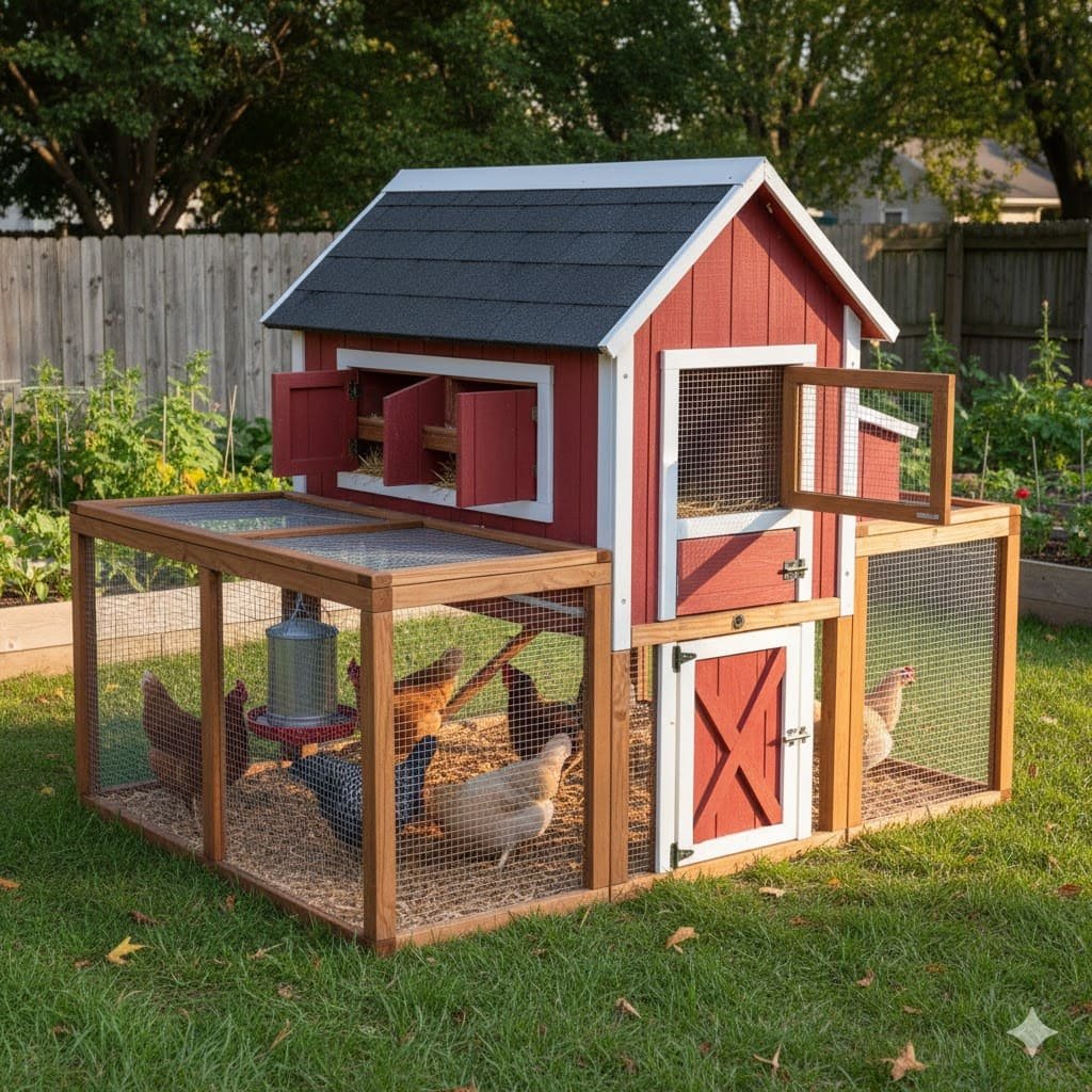  Red wooden stationary chicken coop with white trim, nesting boxes, and attached wire mesh run containing multiple chickens in backyard setting
