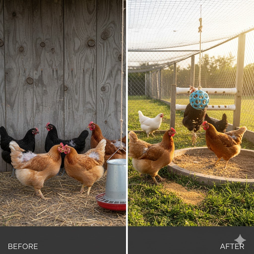 Split image showing lethargic chickens standing idle on left versus active chickens playing with treat dispenser on right in same coop