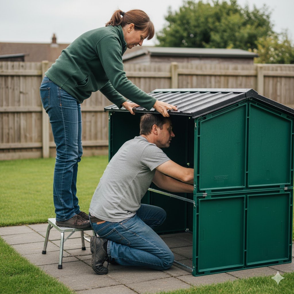 Two people working together to install the roof section on an Omlet Eglu Cube, one person pushing down from above while the other aligns from inside