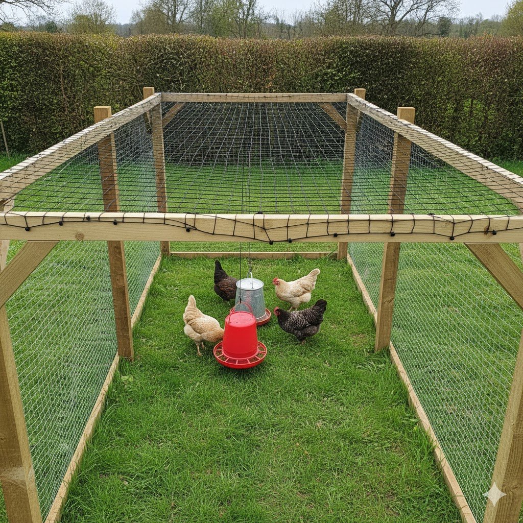 Black UV-resistant poultry netting properly installed over outdoor chicken run with wooden posts protecting flock from birds of prey in UK