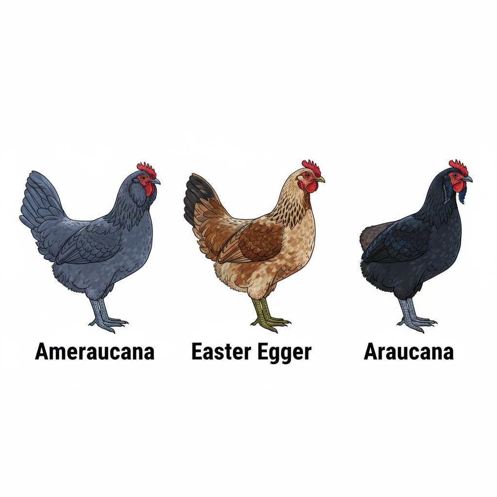 Side-by-side comparison showing an Ameraucana chicken with slate legs and beard, an Easter Egger with green legs and variable features, and a rumpless Araucana with ear tufts