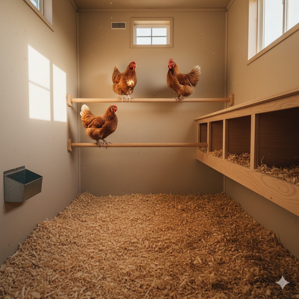 Chicken coop interior showing proper roosting bars at varied heights, nest boxes, and good ventilation for chicken welfare