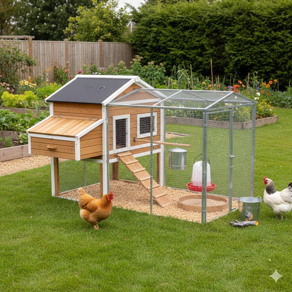Traditional wooden chicken coop with attached run in UK backyard garden showing proper housing setup for heritage breed chickens