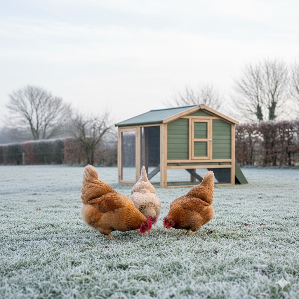 Chicken coops in winter showing insulation performance with frost on grass and chickens staying warm in insulated housing
