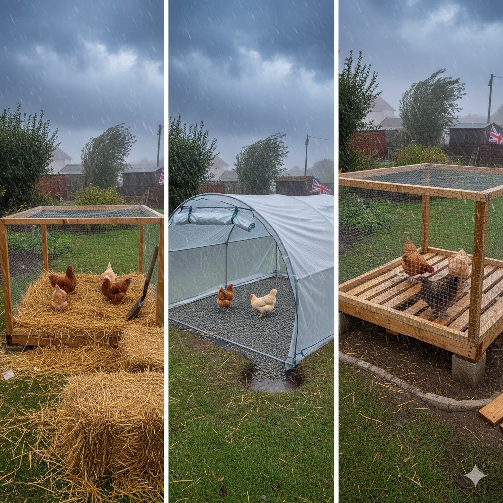 What to cover chicken run with in winter UK; how to waterproof my chicken run with polytunnel and raised flooring