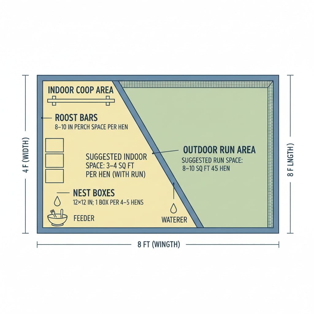 Diagram of A-frame chicken coop layout with roost, nest boxes, and 4×8 ft footprint