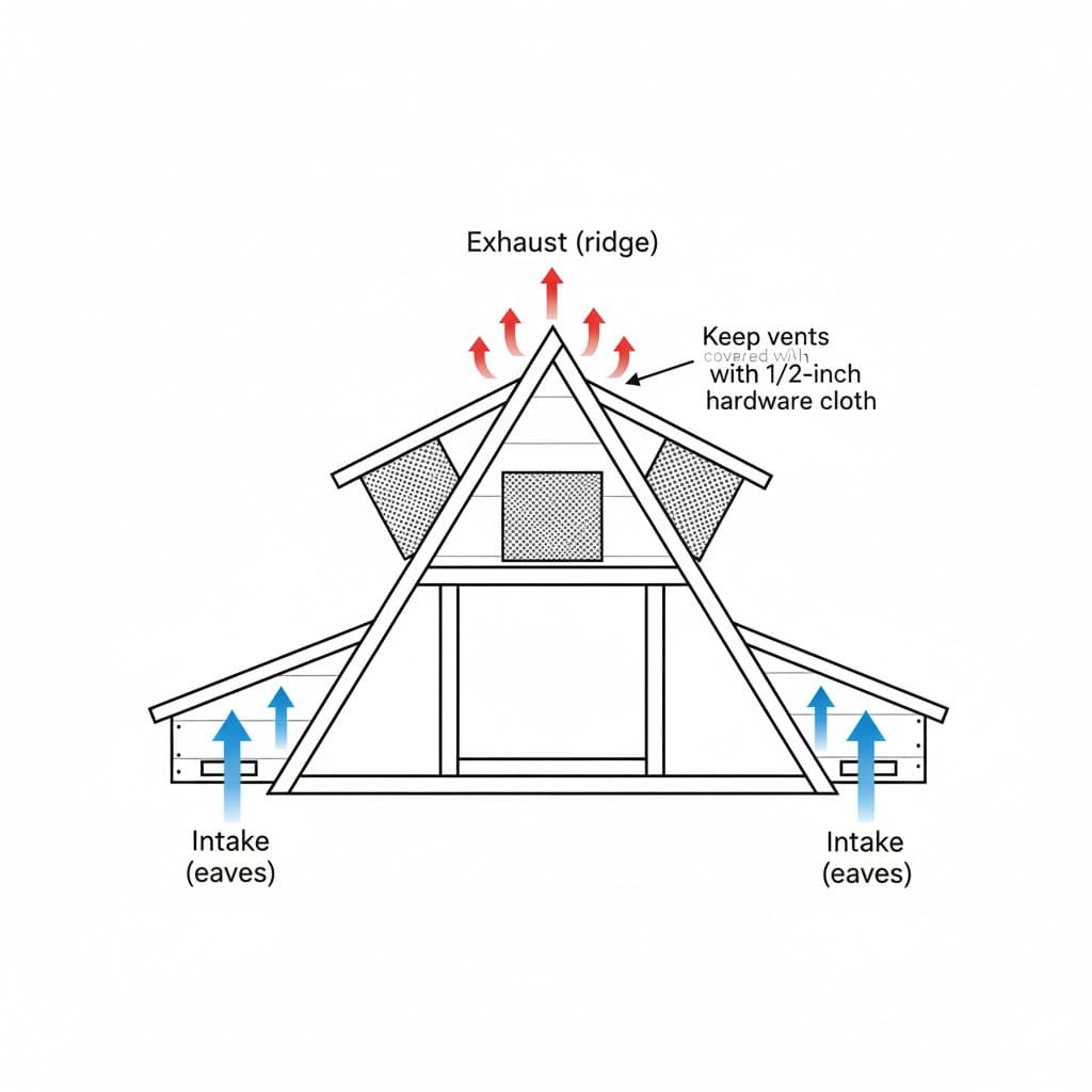 Ventilation diagram of A‑frame coop showing airflow from eaves to ridge vent.