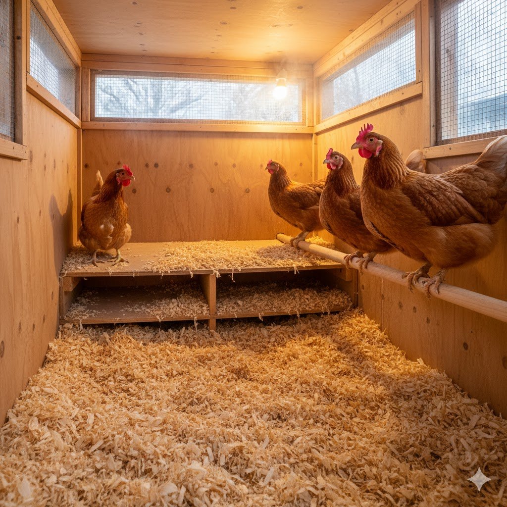 What soaks up water in a chicken coop: deep pine shavings bedding in a dry UK winter hen house.