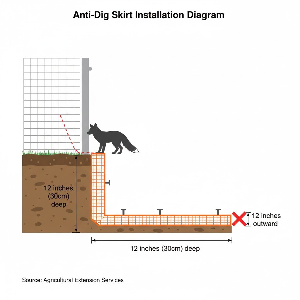 Cross-section diagram showing proper anti-dig skirt installation with wire mesh extending 12 inches underground and 12 inches outward to prevent fox digging