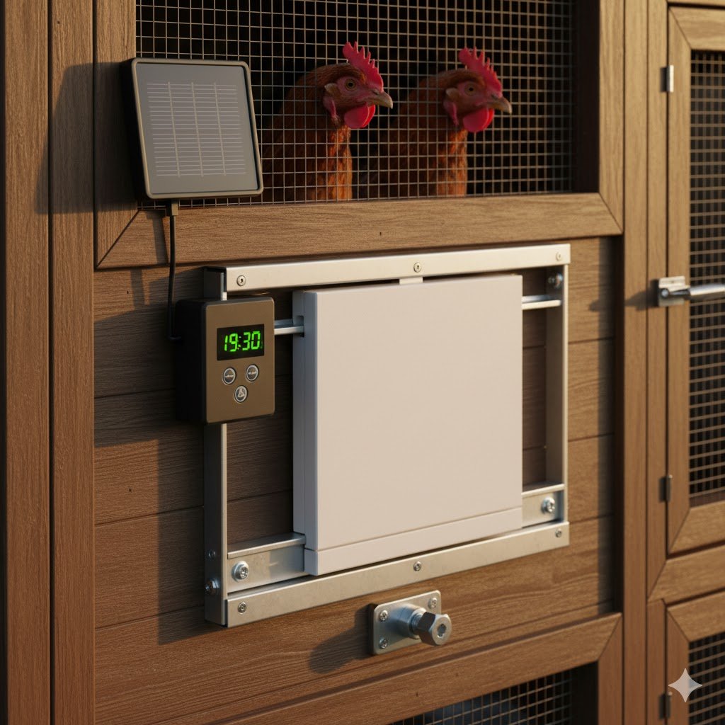 Automatic chicken coop door with timer control and metal sliding door providing secure nighttime protection against foxes in UK chicken coop