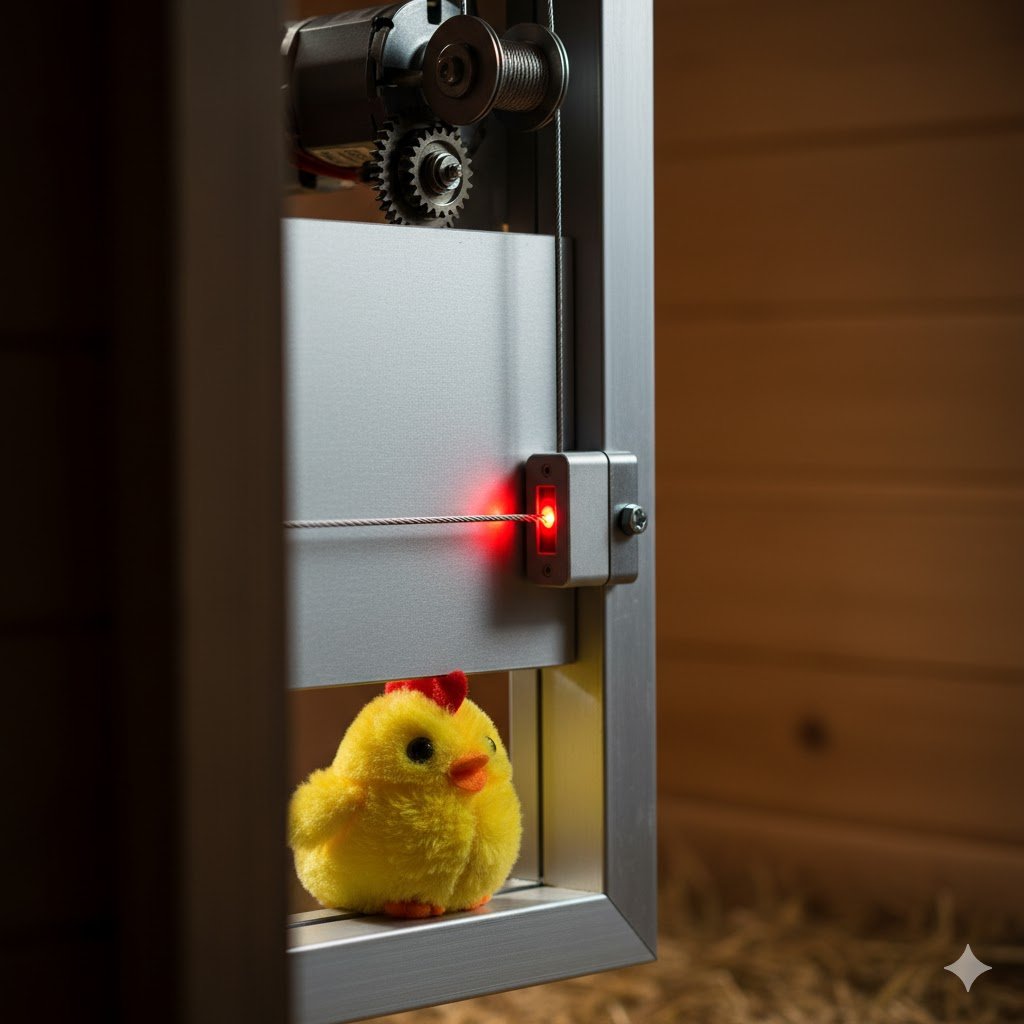 Close-up of automatic chicken coop door safety sensor detecting obstruction and stopping to prevent injury
