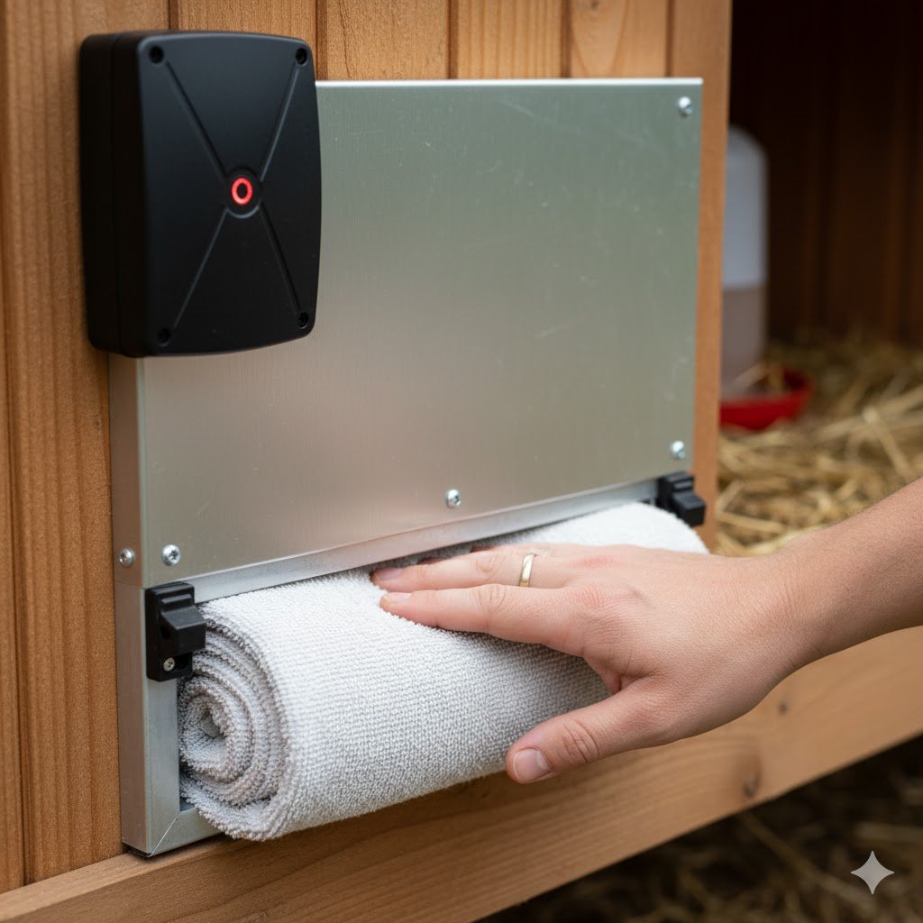 Automatic chicken coop door safety sensor detecting obstruction during testing with door stopping before closing on object to prevent injury to chickens