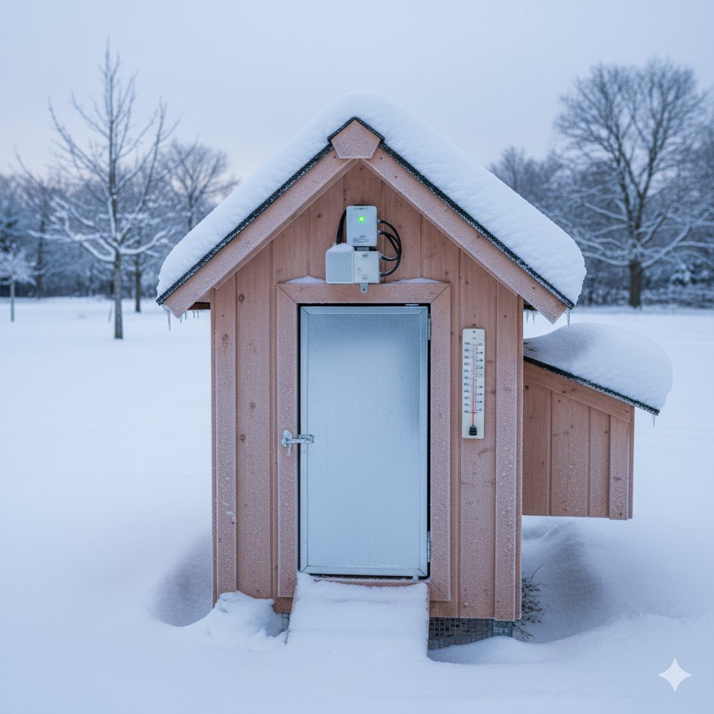 Automatic chicken coop door functioning reliably in snowy winter conditions with snow-covered coop and frozen ground