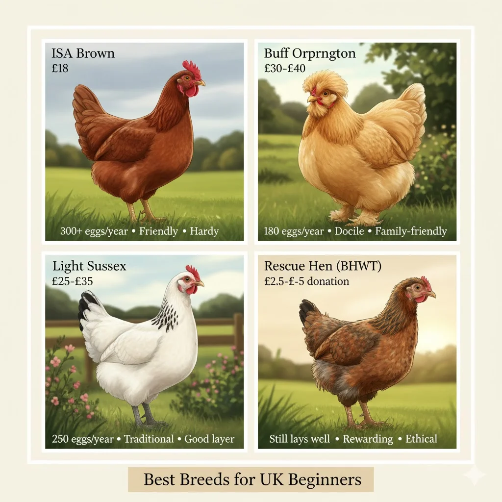 Four popular beginner chicken breeds for UK keepers including ISA Brown, Buff Orpington, Light Sussex and rescue hen with prices