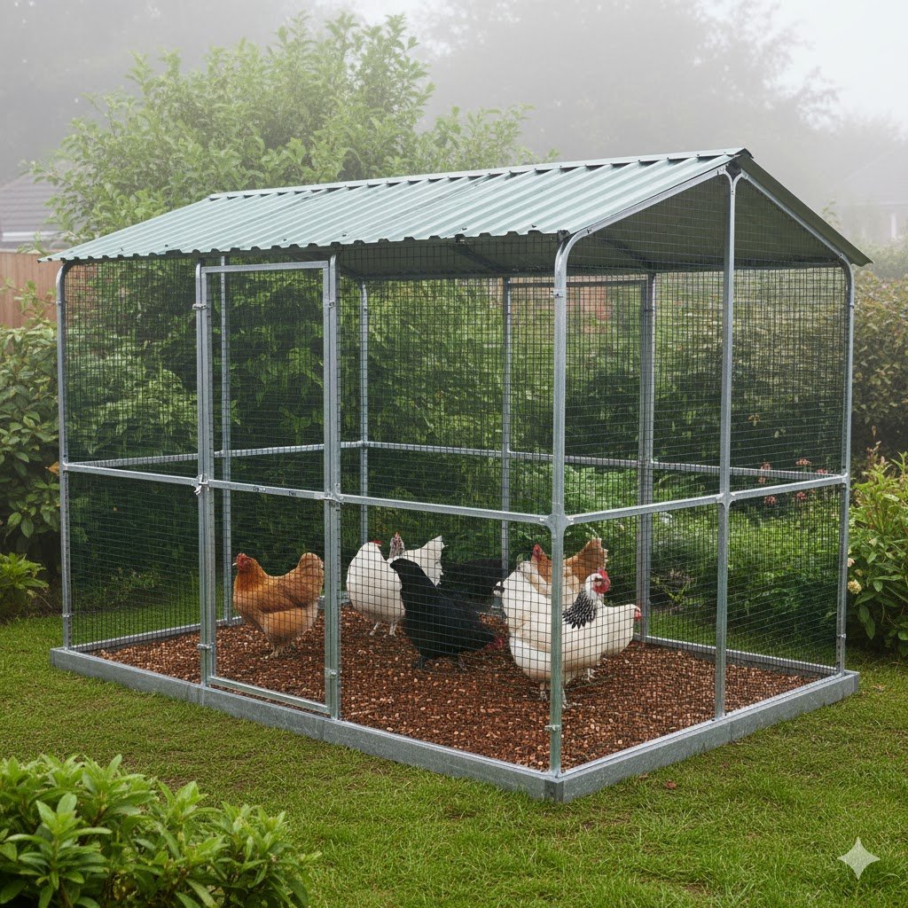 Walk-in chicken run review comparing the best kits in the UK 2025: Omlet heavy duty metal run with roof in action