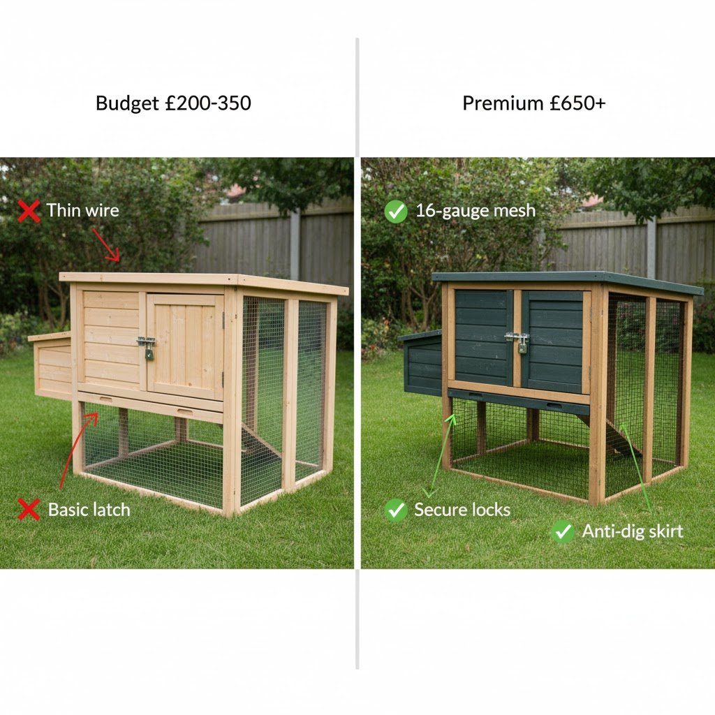 Side-by-side comparison showing budget chicken coop with thin chicken wire and simple latches next to premium coop with heavy-gauge welded mesh and secure locks