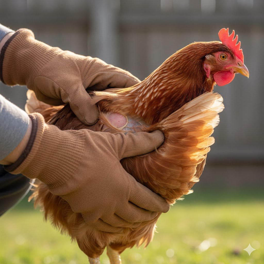 Close-up of hands gently inspecting chicken feathers under wing area for signs of mites and external parasites