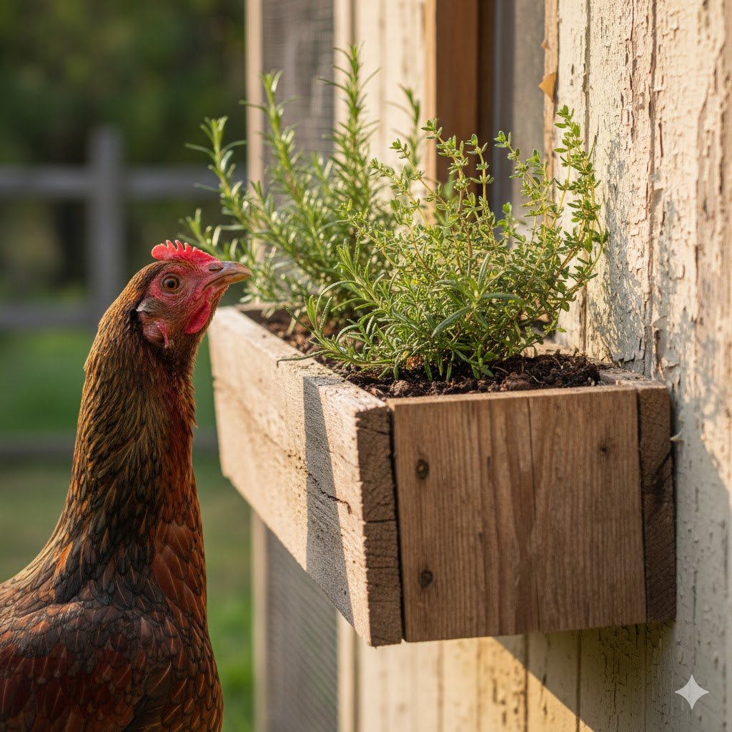 A detailed close-up of a natural cedar window box mounted on a chicken coop, filled with fresh oregano and thyme, with a curious hen looking up at it