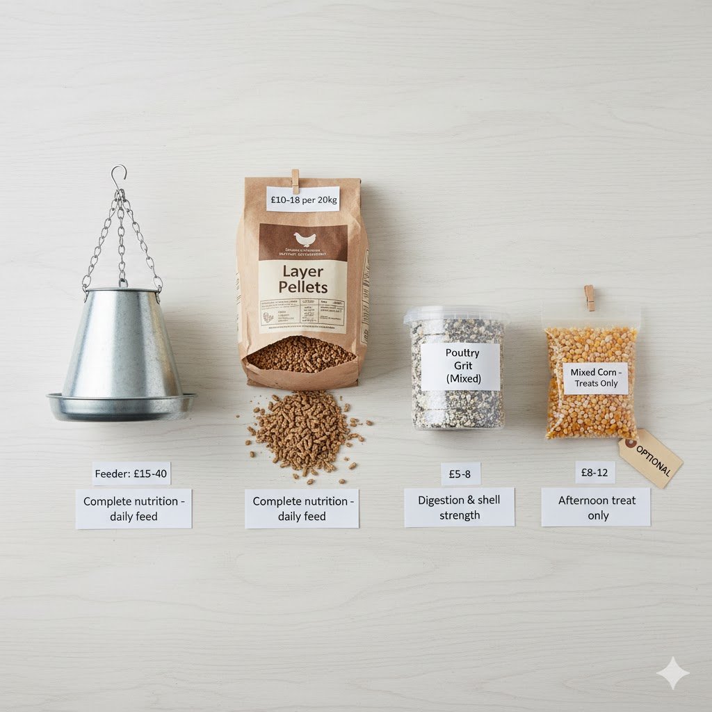 Comparison of chicken feeding supplies showing metal hanging feeder, bag of layer pellets, container of poultry grit, and corn treats with UK pricing