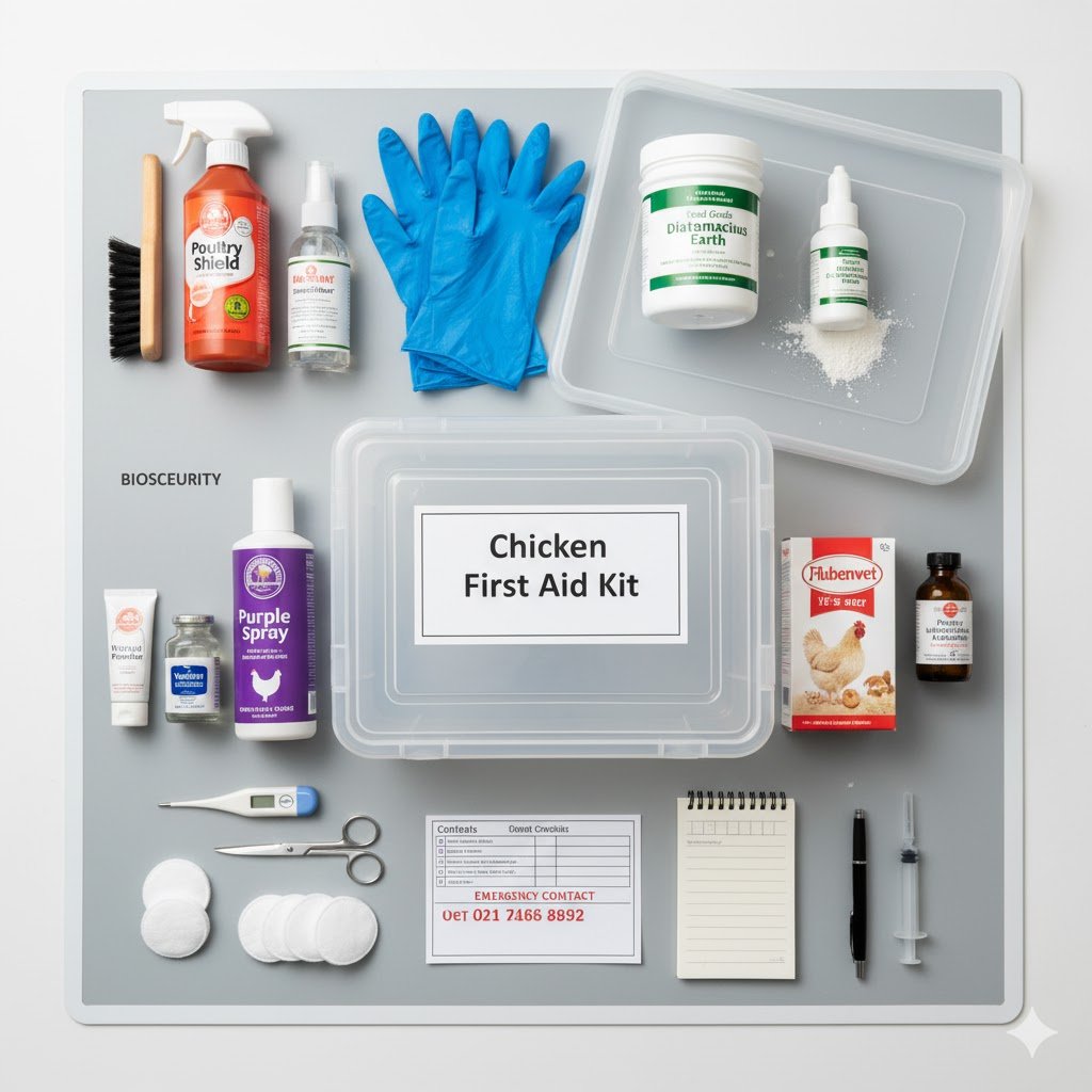 Complete chicken first aid kit showing Poultry Shield disinfectant, diatomaceous earth, purple spray antiseptic, wound powder, wormer, and Vaseline arranged on clean surface