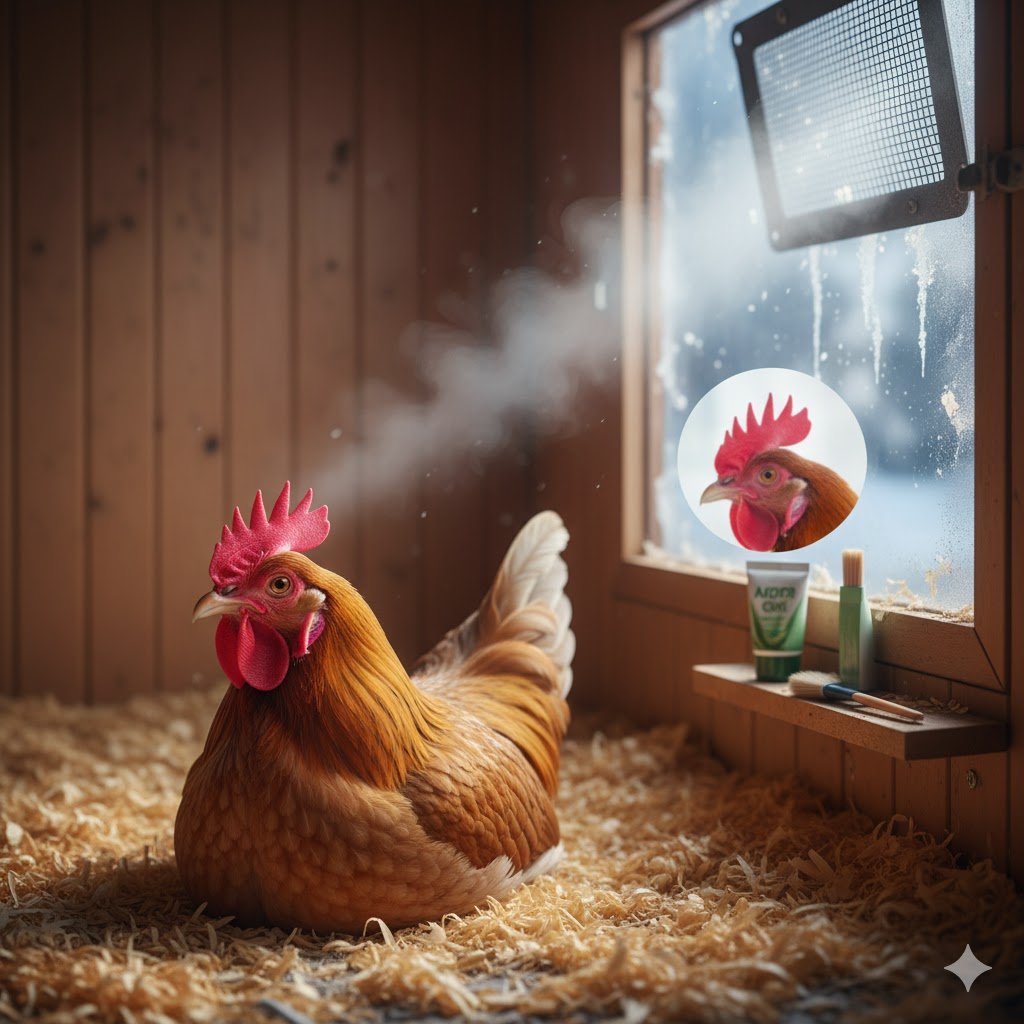 What happens if a chicken coop has too much moisture: signs of frostbite on hen comb in damp UK winter.