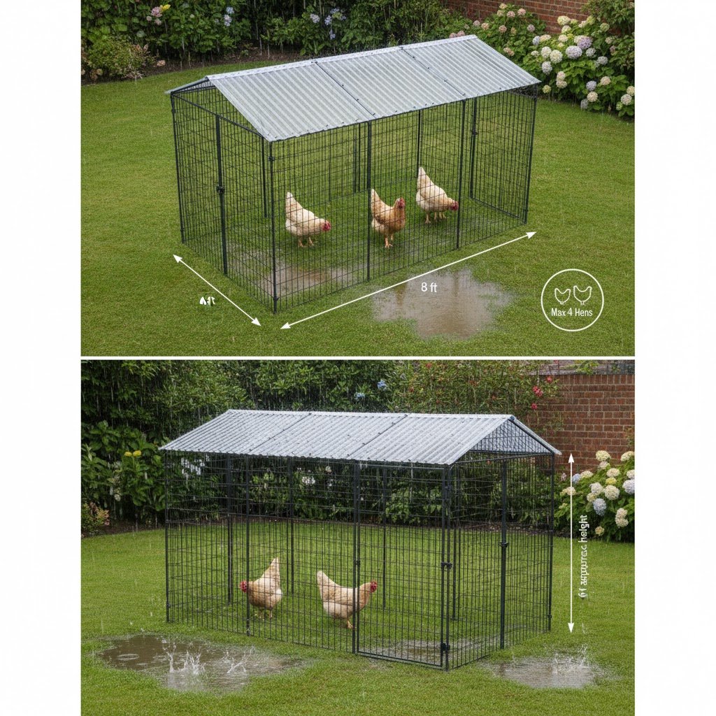 What size walk in chicken run do I need: Diagram-style view of a 4x8 ft run fitting 3-4 hens per RSPCA UK guidelines