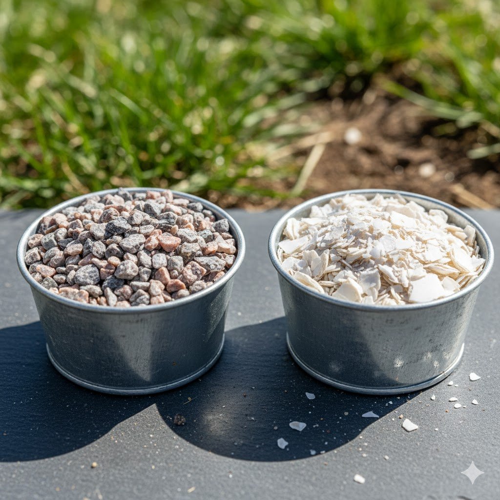 A detailed close-up of two separate galvanised metal containers in a chicken run, one filled with poultry grit and the other with crushed oyster shell.