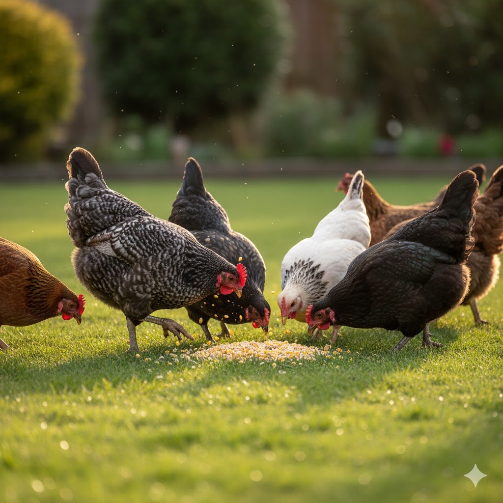 A small, happy flock of different chicken breeds foraging for mixed corn scattered on the grass in a sunny UK garden.