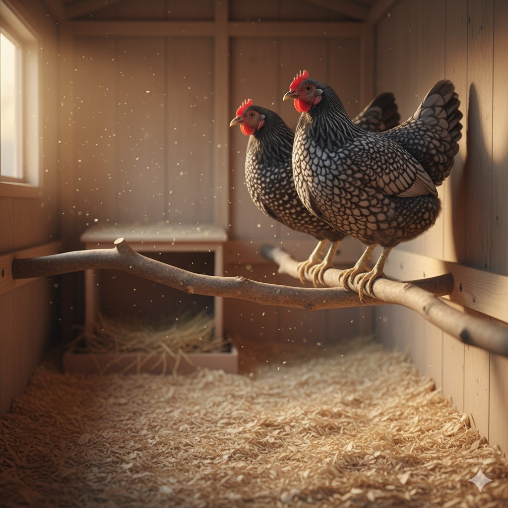 Interior view of a clean chicken coop showing several chickens roosting peacefully on natural, smooth tree branch perches of varying diameters.