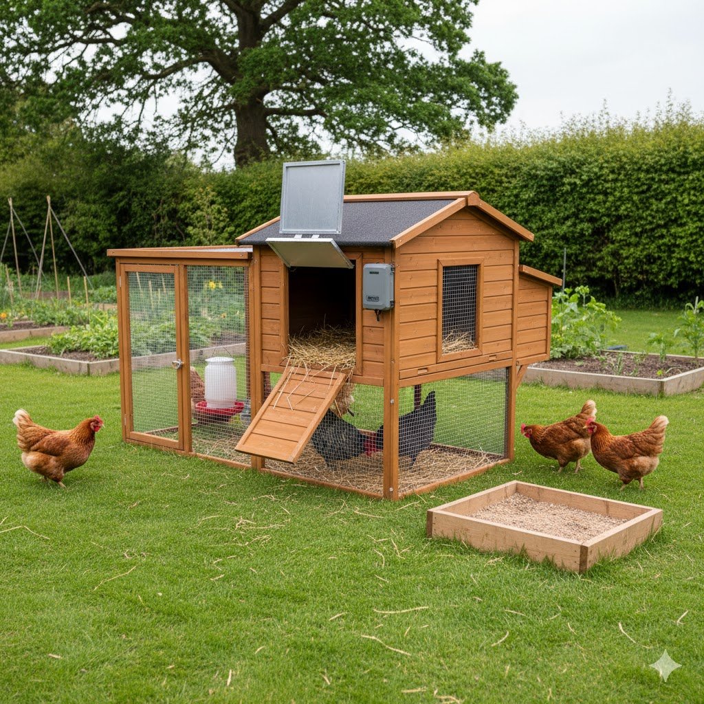 Complete UK backyard chicken coop with automatic door installed showing typical smallholding setup with secure run and happy free-range chickens