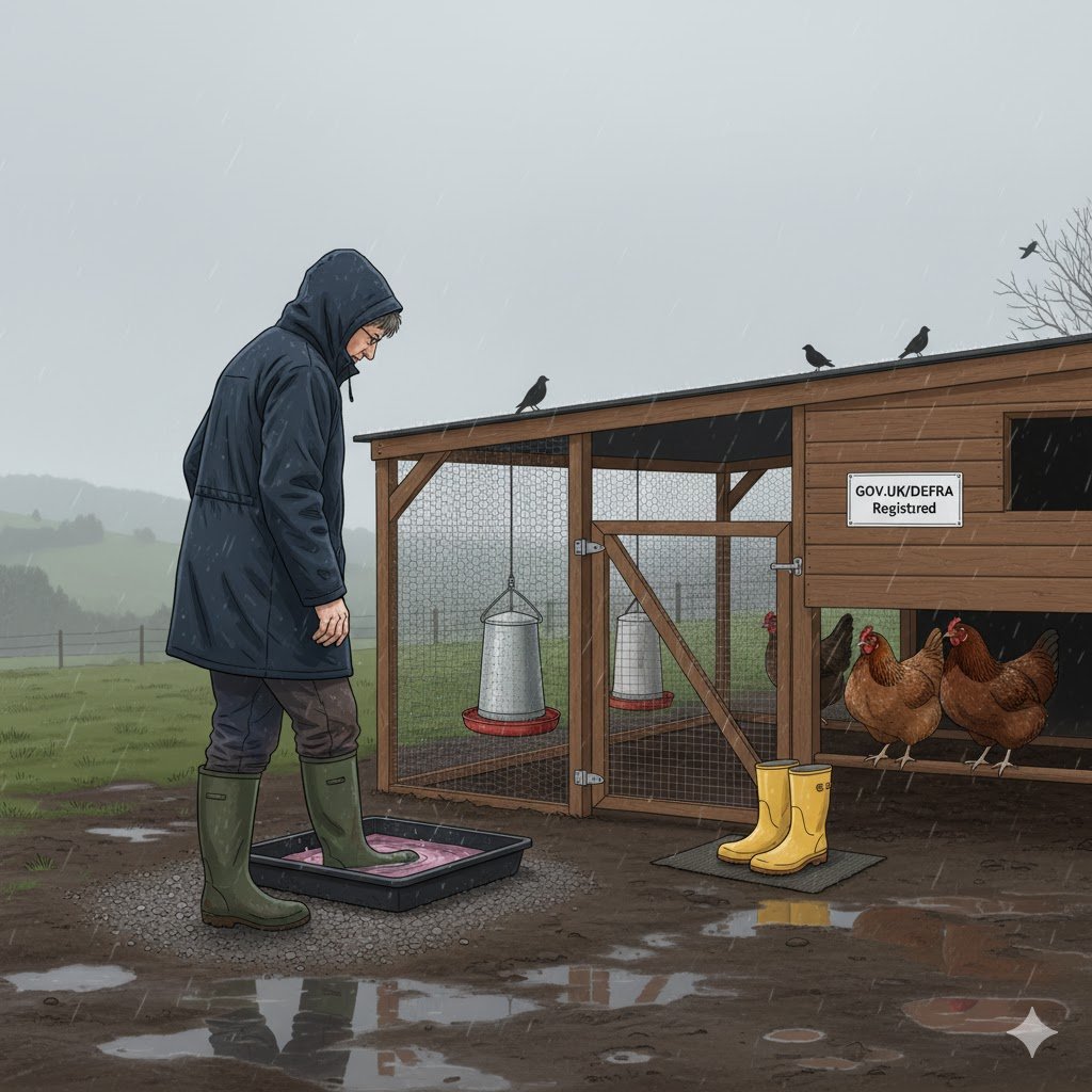 What are the new rules for keeping chickens in the UK: backyard flock with biosecurity setup in winter.