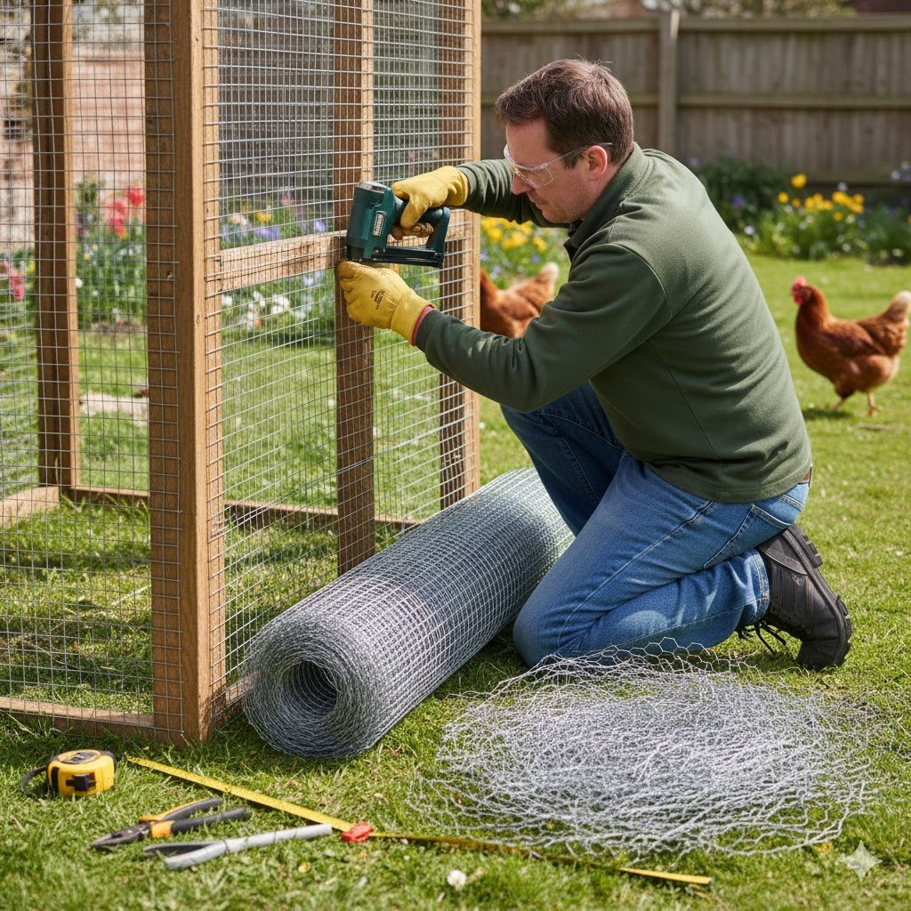 Person installing 16-gauge welded mesh wire on a chicken coop run using heavy-duty staples and tools, showing DIY fox-proofing upgrade in progress
